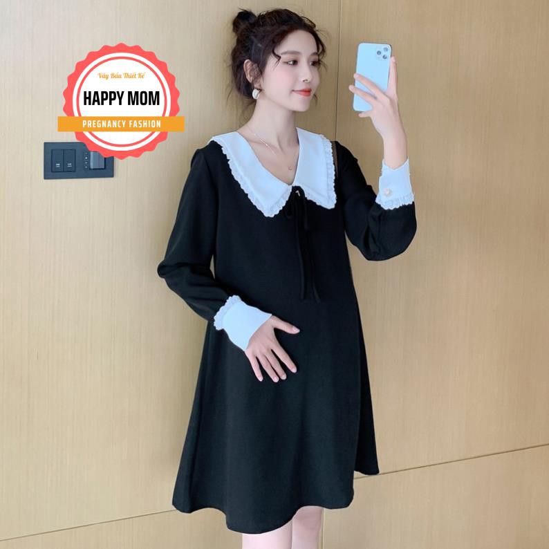 Váy bầu thu đông đen phối cổ và tay trắng đầm công sở cho con bú sau sinh MB183