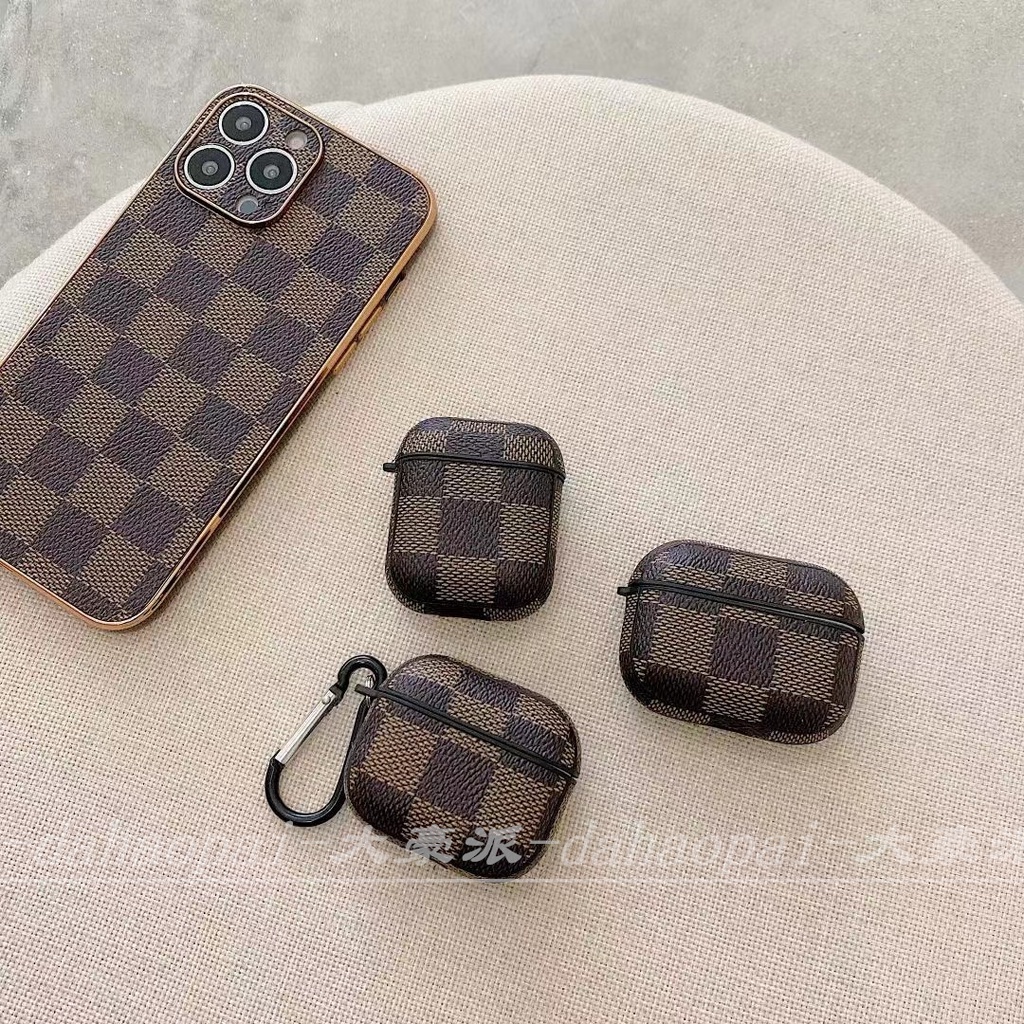 Ốp Điện Thoại Da Màu Nâu Kẻ Sọc Mạ Điện Có Ngăn Đựng Tai Nghe Cho iPhone 14 13 12 11 Pro max AirPods Pro 3 2
