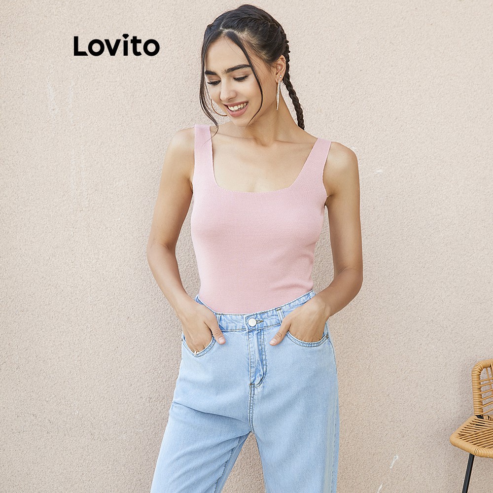 113XJ Áo Lovito cổ vuông chất lụa mát màu trơn hợp thời trang L02150 (Pink)