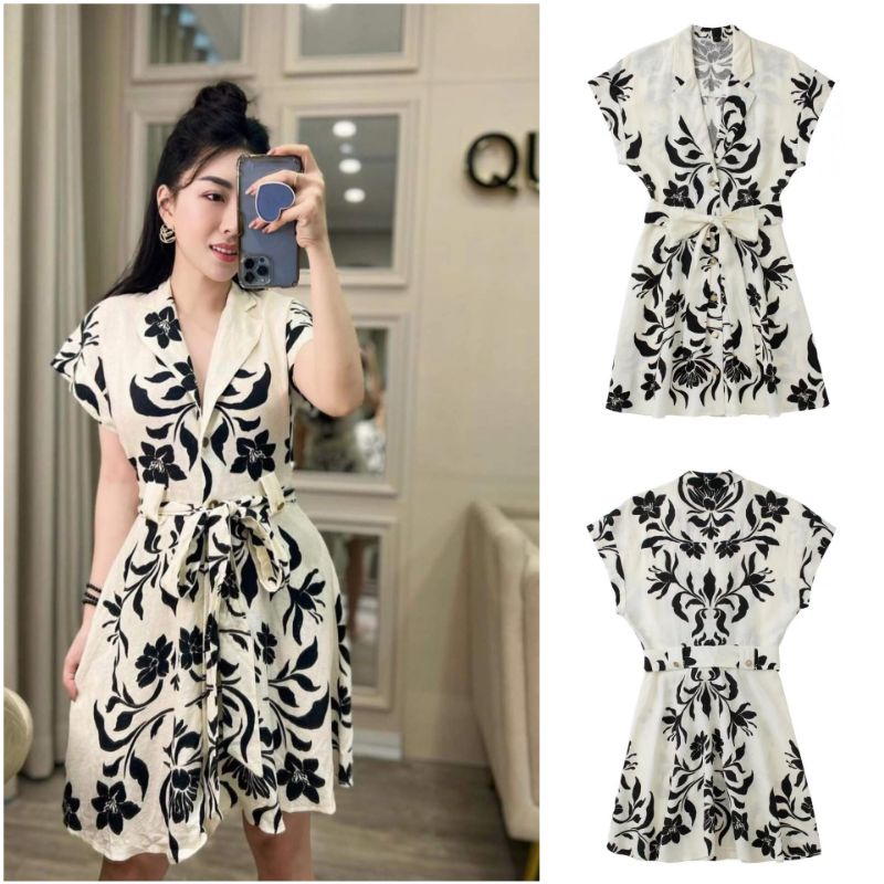 ĐẦM SƠ MI CỔ V HỌA TIẾT TRẮNG ĐEN ZARA XUẤT XỊN