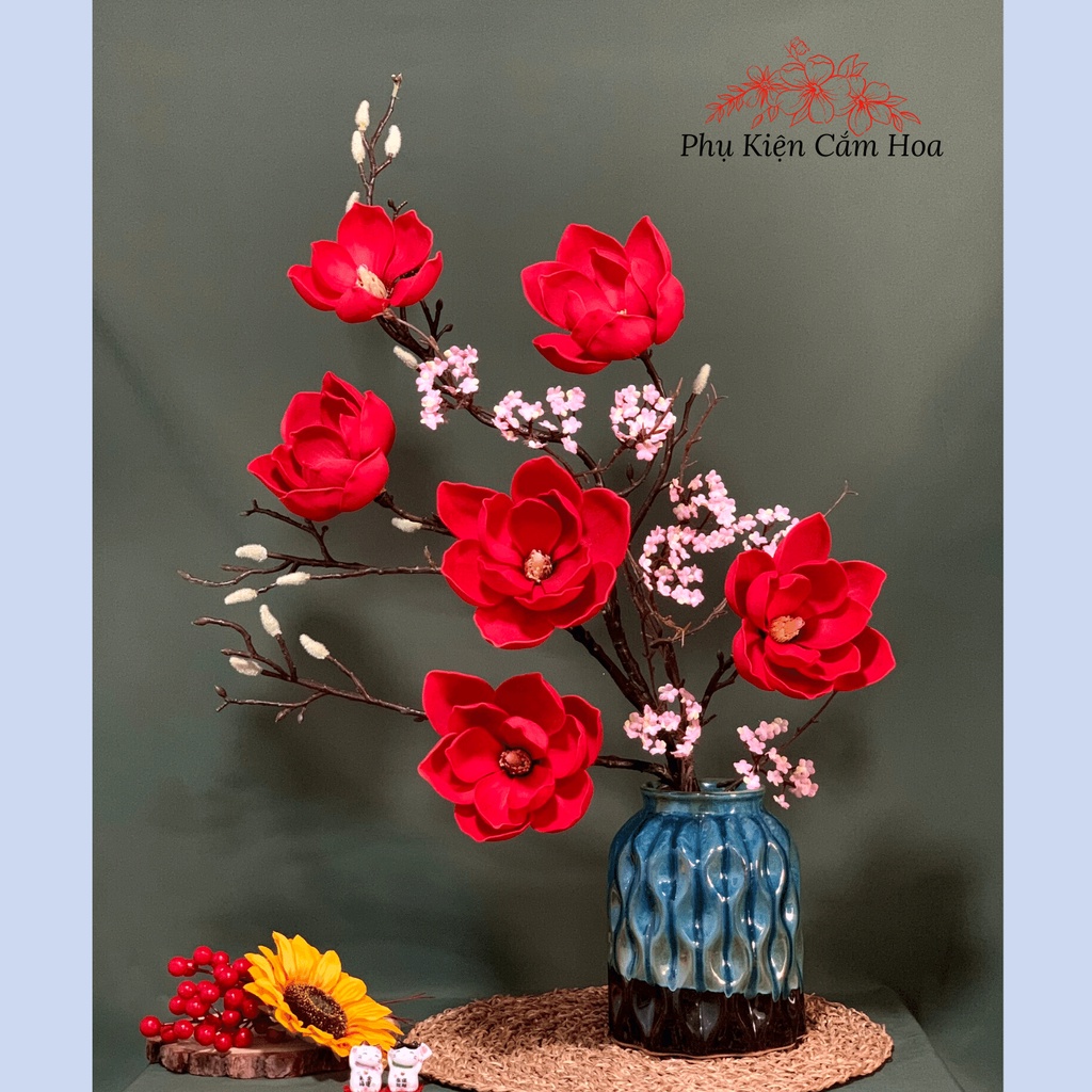 Bình hoa giả mộc lan bonsai để bàn cho phòng khách, bàn ăn, bàn ...