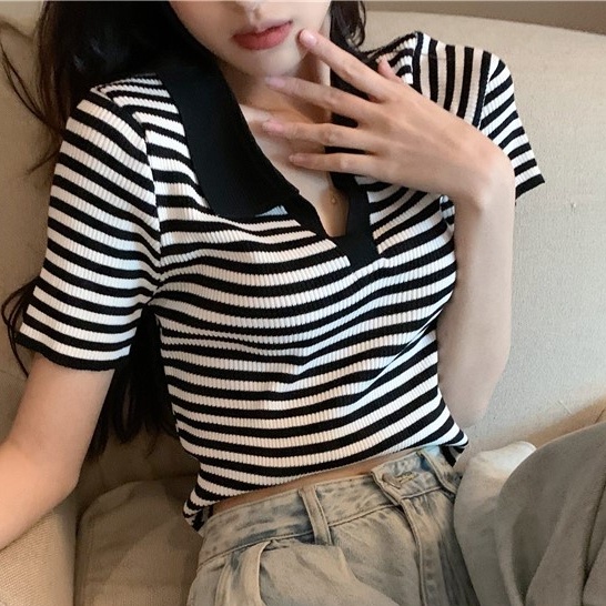 Áo Thun Polo Ngắn Tay Họa Tiết Sọc Ngang Thời Trang Dành Cho Nữ