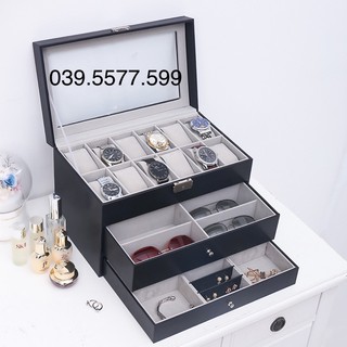 Hộp đựng đồng hồ, kính mắt, trang sức vỏ da 3 tầng