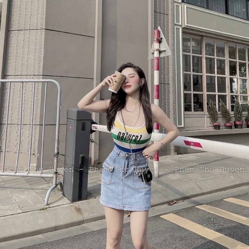 Áo hai dây len mongtoghi màu cầu vòng chữ thêu xinh xỉu up xỉu đown