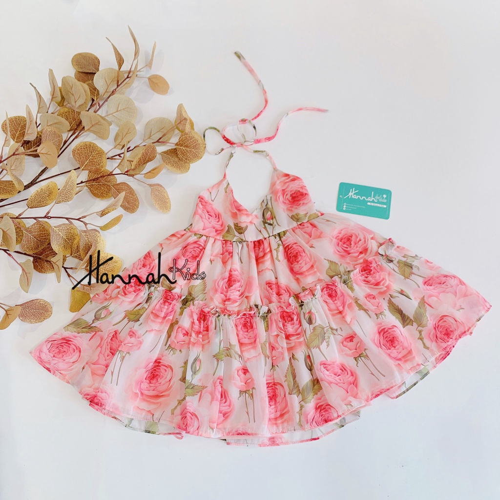 Váy Cho Bé Gái 8-35Kg , Váy Hoa Mùa Hè Cho Bé 1-10 Tuổi, Đầm Hoa Hồng Đỏ Voan Tơ Cổ Yếm HANNAH KIDS