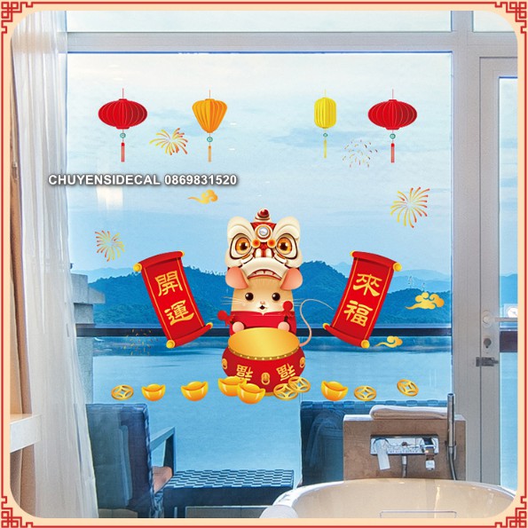 Decal dán Tết - Chuột đánh trống Múa Lân bảng hỷ