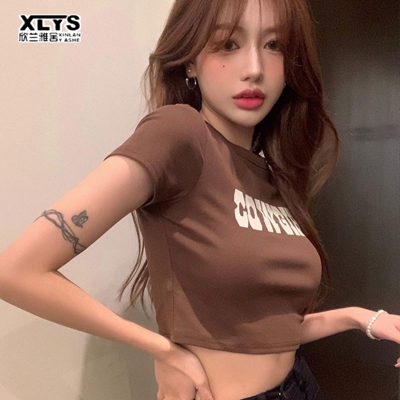 Áo thun XINLANYASHE lửng tay ngắn phong cách retro dành cho nữ