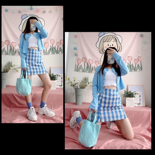 Chân Váy Caro Ulzzang Xẻ Đùi Ảnh Thật+Clip Tự Quay