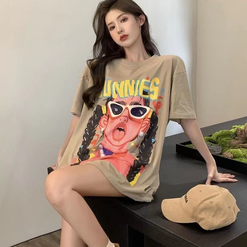Áo Thun% Cotton Tay Ngắn Dáng Rộng In Họa Tiết Thời Trang Mùa Hè Phong Cách Hàn Quốc Mới Cho Nữ