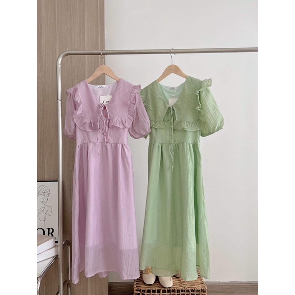 Váy tiểu thư đũi nhăn cổ sen bèo buộc dây cúc ngọc dáng xòe, đầm đũi suông dài dáng xòe xinh Kozoda D80
