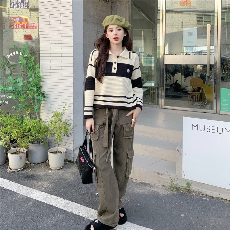 Áo polo ZHELIHANGFEI dệt kim tay dài dáng rộng họa tiết sọc phong cách preppy Mỹ sành điệu