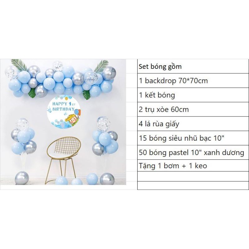 (KÈM BACKDROP+in tên bé +Bơm bóng) Set bóng trang trí sinh nhật cho bé Hoàng tử.