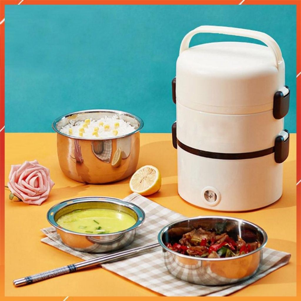 Hộp cơm cắm điện văn phòng 3 tầng 3 bát inox có chức năng giữ nhiệt, hâm đóng và tự nấu chín thức ăn đa năng