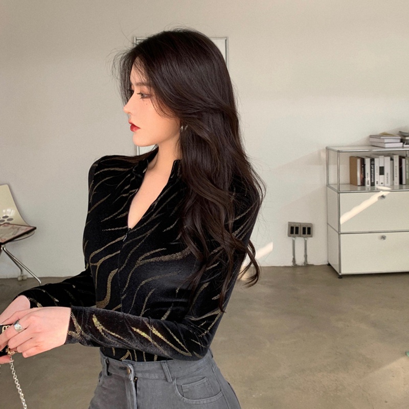 Áo nhung dài tay cổ chữ V thời trang mùa thu dành cho nữ