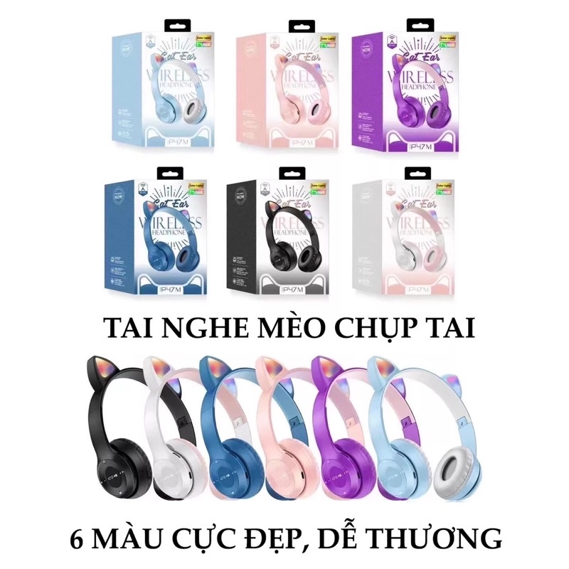 Tai Nghe Bluetooth Tai Mèo HOLOCOM P47M Có Đèn Led Nhiều Màu Xinh, Tai Nghe Chụp Tai Không Dây Có Mic Và Khe Cắm Thẻ Nhớ