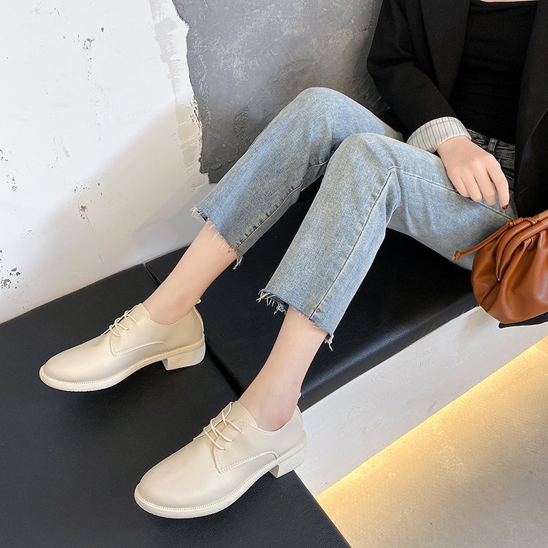Giày oxford da bóng mũi tròn thắt dây phong cách retro cho nữ