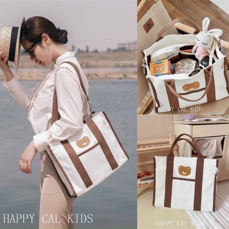 Túi xách bỉm sữa cho mẹ và bé phong cách Hàn Quốc - Túi vải Vegie nhiều ngăn đa năng