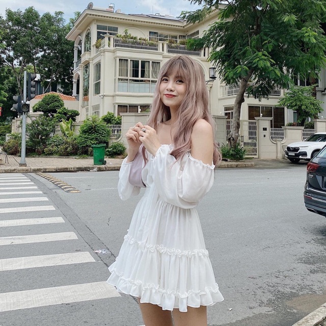 ĐẦM VOAN TRẮNG RỚT VAI EO BO THUN 🌹