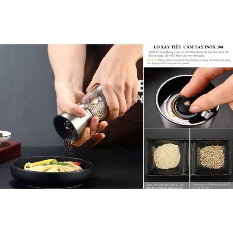 Lọ xay hạt tiêu. Bình xay hạt tiêu. Kích thước 13,5 x 6,5cm. Dung tích 150ml. Thủy tinh, INOX.