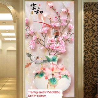 Tranh đính đá bình hoa ngọc lan tuyệt đẹp kt 55*100cm