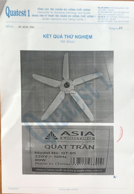 Quạt trần cao cấp ASIA  lighting (QT05-T01) trắng Cam kết hàng chính hãng bảo hành 2 năm)