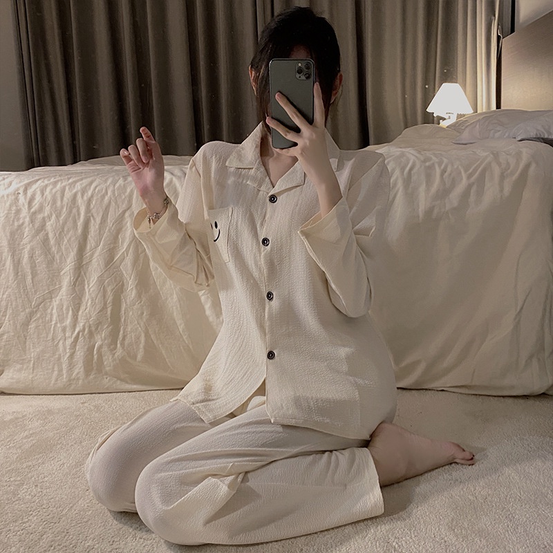 Bộ Đồ Ngủ Tay Dài Bằng cotton linen Màu Trơn Phong Cách Hàn Quốc Thời Trang Mùa Thu Hàng Mới Dành Cho Bạn Nữ Mặc Ở Nhà