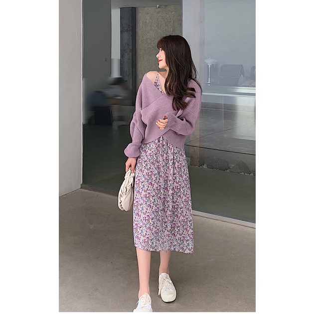 Set đồ áo len và váy hoa nhí vintage