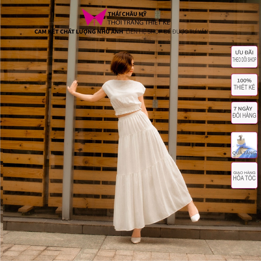 Chân váy dài màu trắng đen rêu, chân váy maxi dáng dài thời trang công sở Thái Châu Mỹ