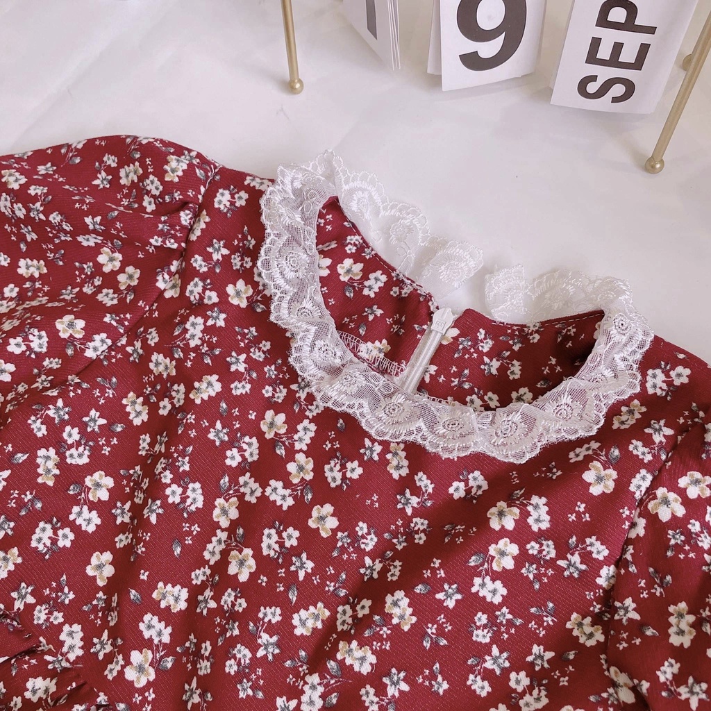 Váy thu đông dài tay cho bé gái từ 7-40kg chất nhung tăm lỳ màu đỏ hoa nhí ren trắng viền cổ và tay