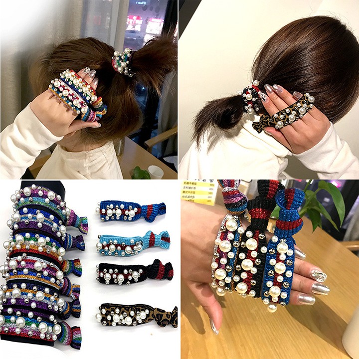 Dây chun buộc tóc đính đá ngọc trai nhân tạo Hàn Quốc thời trang họa tiết retro da báo cầu vồng youngcityshop 30.000