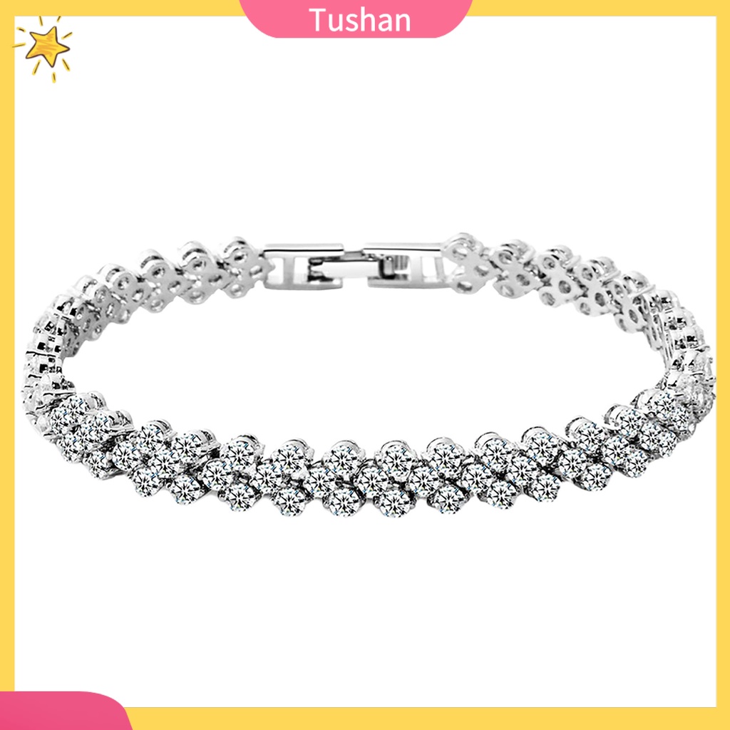 TUSH_Woman Cubic Zircon Rhinestone Inlaid Plated Bracelet Bangle Wrist Jewelry Gift