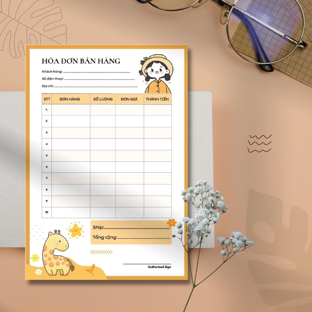 50 tờ hóa đơn bán hàng, Hoá đơn bán lẻ giấy photo hoạt ảnh mẫukhủng long vàng size 21x14.5cm