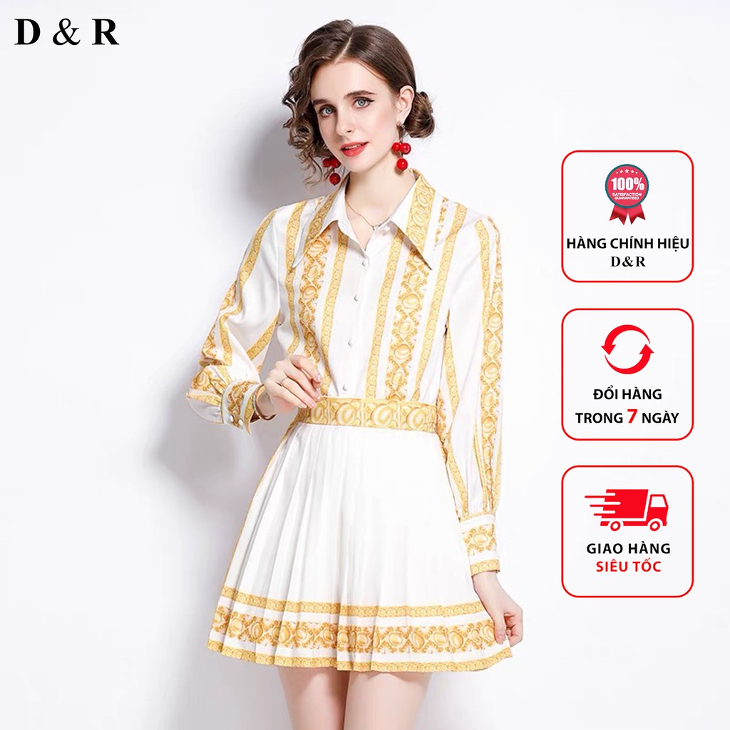 Set bộ lụa chân váy sang trọng hoa văn Quảng Châu cao cấp thương hiệu thời trang D&R S007