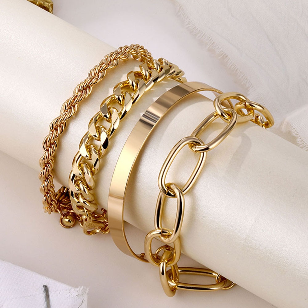 Set 4 Vòng Tay Mạ Vàng Nhiều Lớp Thiết Kế Đơn Giản Cho Nữ
