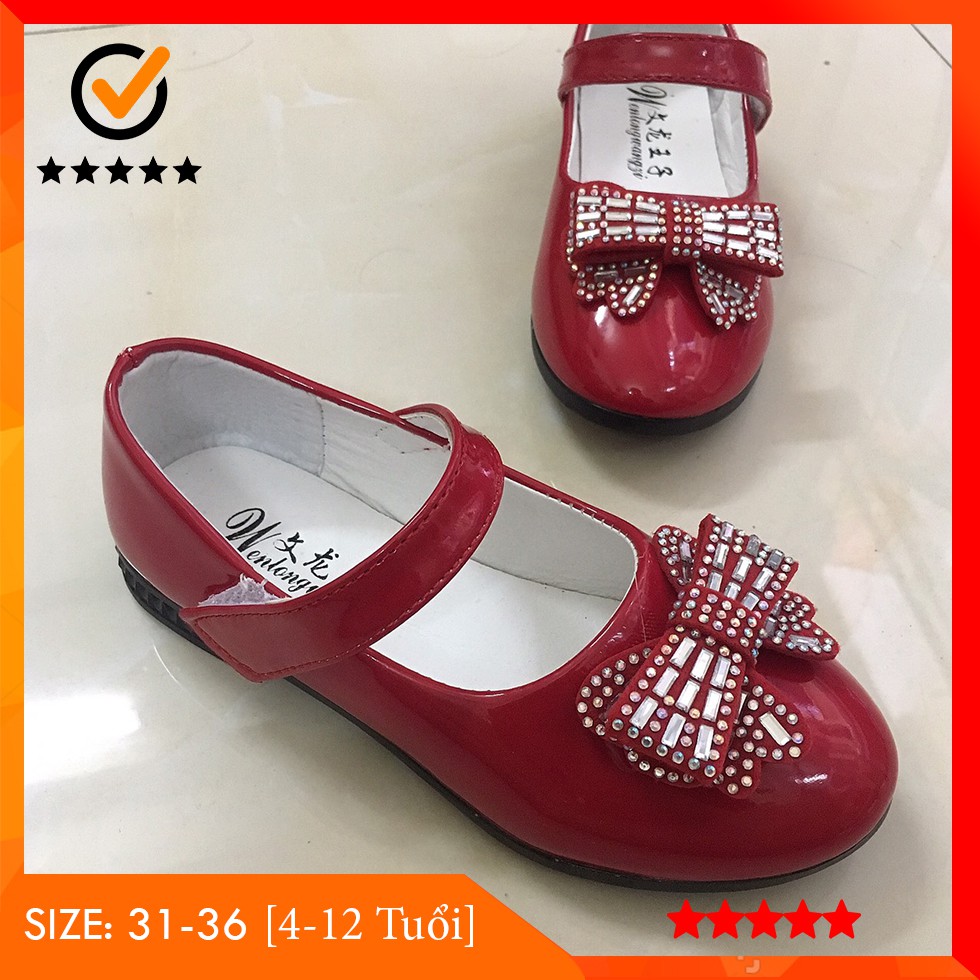 Giày Công Chúa Cho Bé Gái Từ 6 Tuổi Mầu Đỏ Tươi Với Nơ Đính Đá Siêu Yêu Style Korea Kid Đang Thịnh Hành