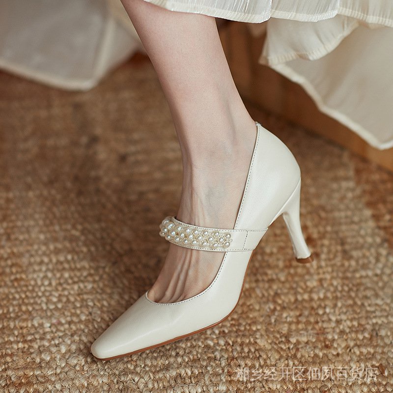 Giày Cao Gót Một Hàng Nút Ngọc Trai Mary Jane Phong Cách Pháp Thời Trang Mùa Hè 2022 Mới Cho Nữ