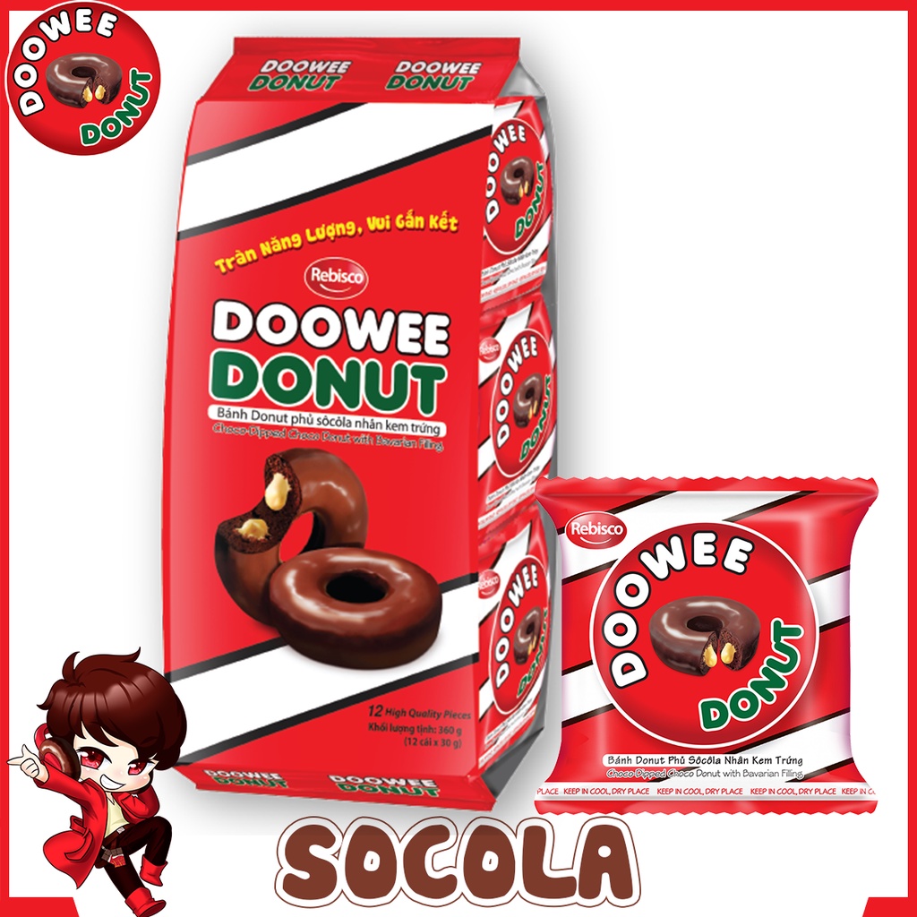 Bánh bông lan - DOOWEE DONUT - Vị socola nhân kem trứng - Túi 12 cái/ 360 Gram