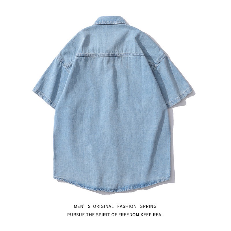 Áo sơ mi unisex tay lỡ vải bò form rộng, Áo sơ mi nữ bò Hàn Quốc- 360 Boutique
