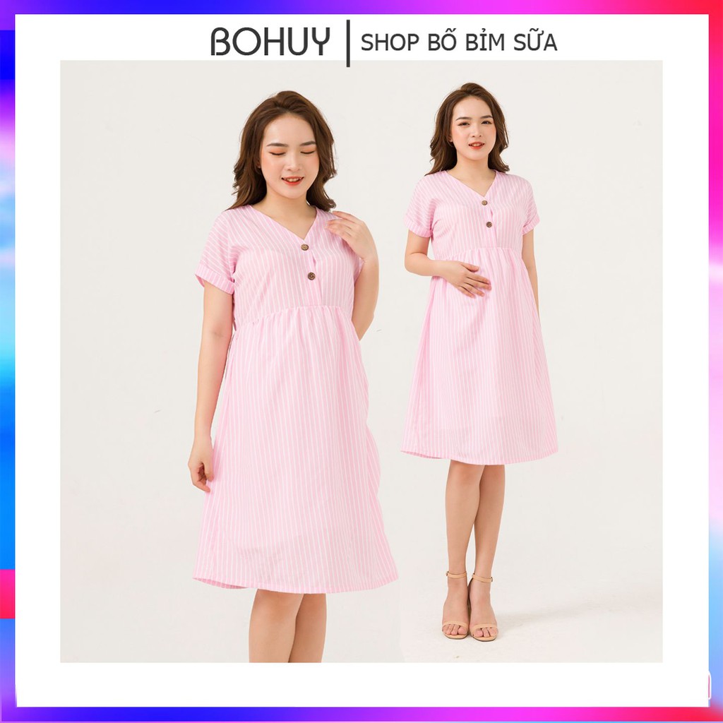 Váy bầu thiết kế babydoll MOLYS M2451 mở cúc giữa vải thô đũi hồng phấn kẻ trắng tôn da, nhiều size mặc hết thai kỳ bầu