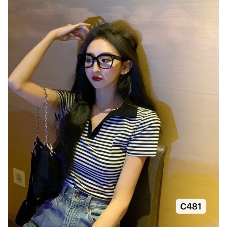 Áo len montogi cộc tay cổ bẻ phối kẻ #C481