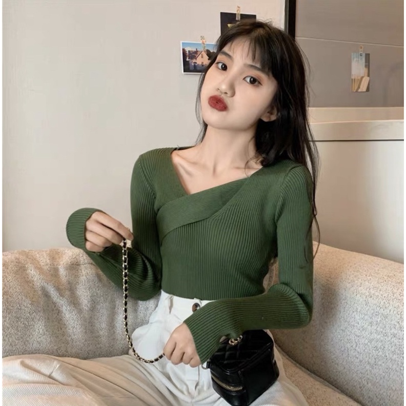 áo len tăm dệt kim cổ tim mix vạt chéo (9370#)