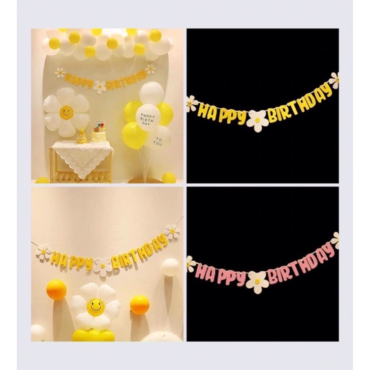 Dây treo sinh nhật happy birthday chủ đề hoa cúc trắng daisy chất vải dạ trang trí sinh nhật cho bé