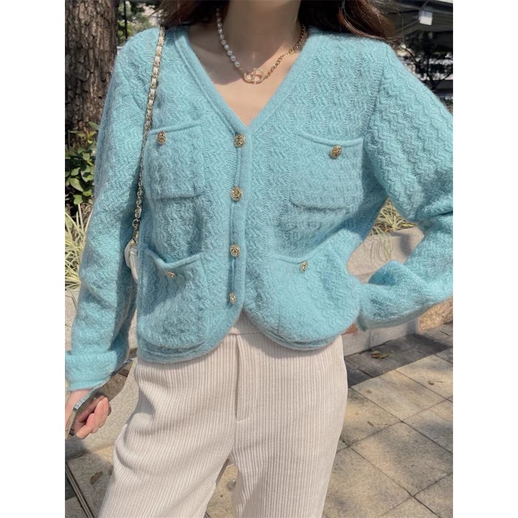 Áo cardigan Forgirl cổ V len gân sóng phối cúc có túi