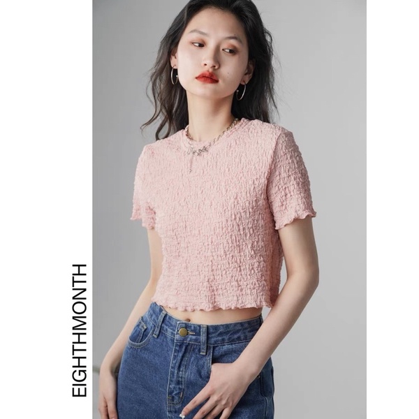 Áo croptop nữ tay ngắn cổ tròn chất xốp nhăn - Áo thun phông nữ ngắn dáng ôm hàng thiết kế Quảng Châu cao cấp