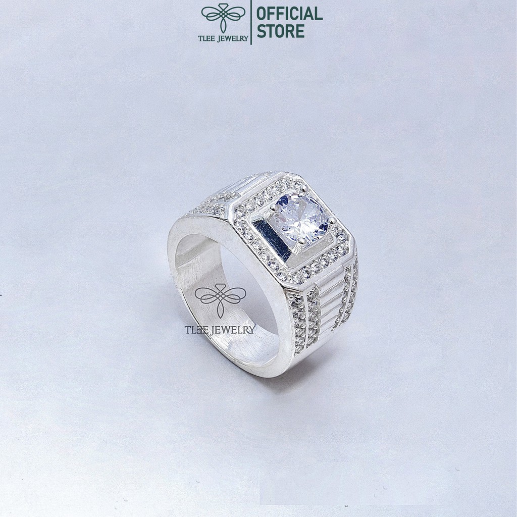 Nhẫn bạc nam Tlee, nhẫn sần trơn hai viền nạm đá cao cấp - TleeJewelry - NNT003