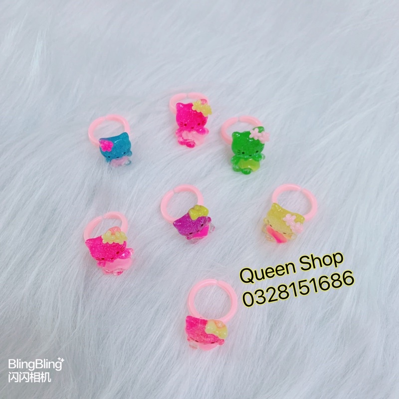 1 chiếc nhẫn nhũ lấp lánh đeo tay , nhẫn nhựa hình mèo hello kitty cho bé gái