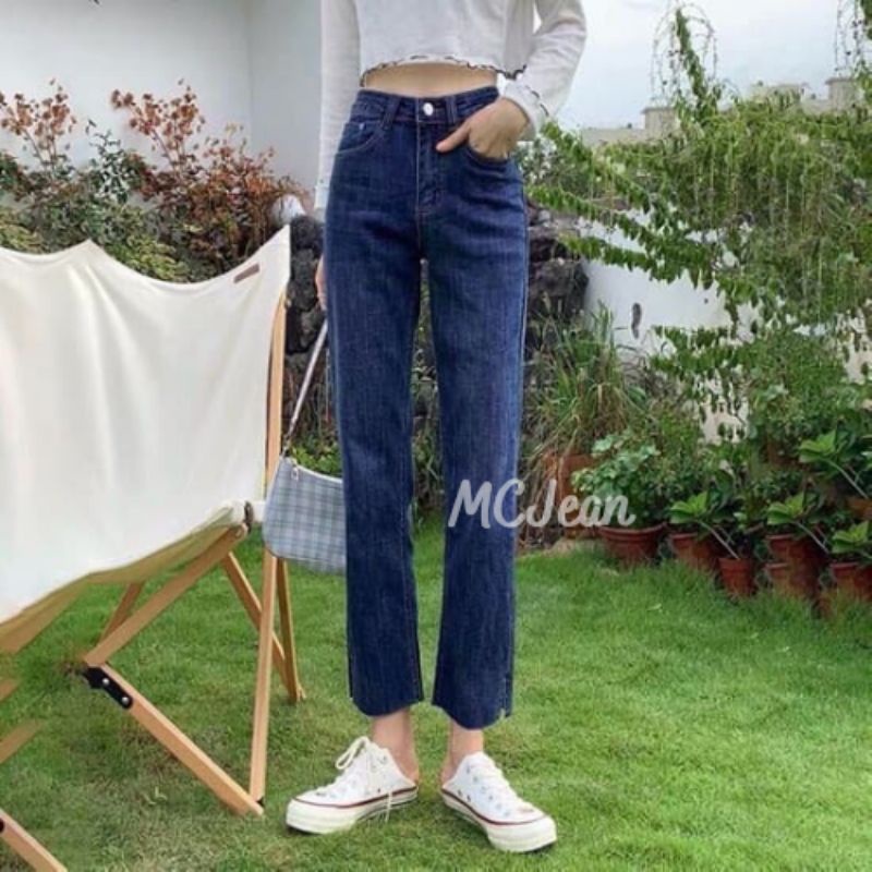 Quần bò jean nữ cạp cao xẻ gấu đậm co dãn 4 chiều phong cách Hàn Quốc | BigBuy360 - bigbuy360.vn