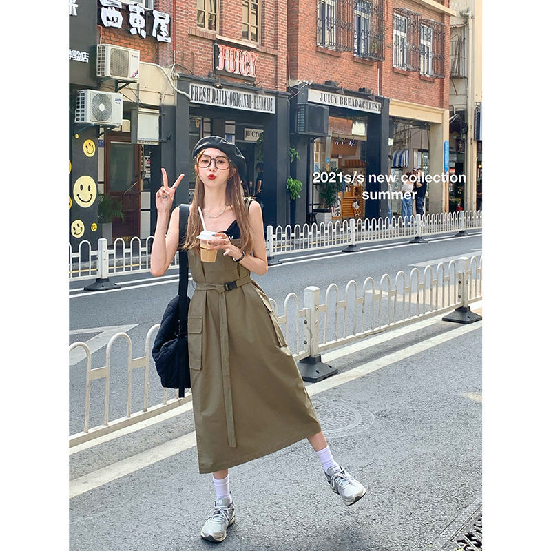 Yunyun Clothing Family ~ New Korean Sleeveless Tooling Sling Dress + Two Piece Solid Color Top in Summer 2021[delivery Within 15 Days ]