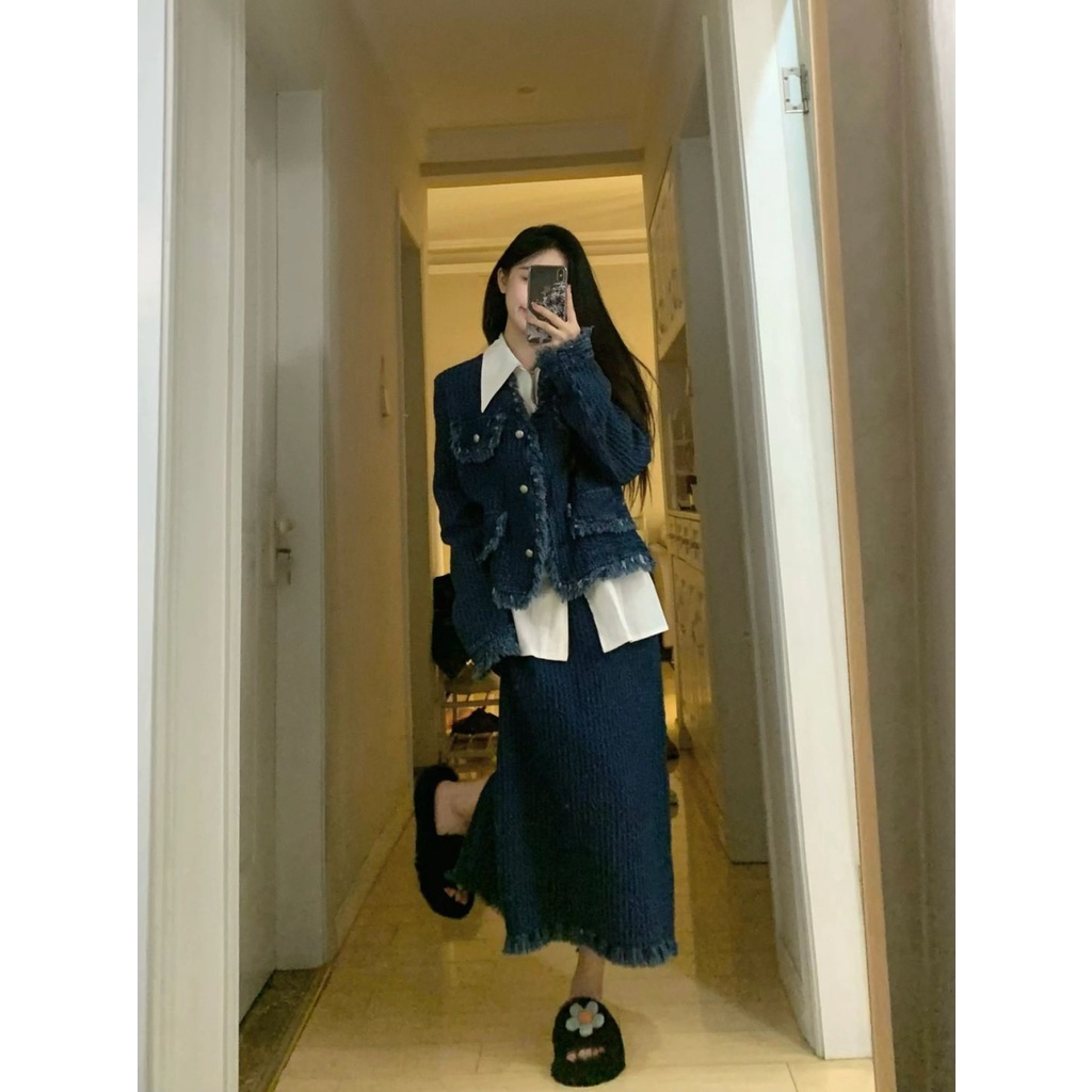 Áo khoác denim Xiaoxiangfeng với vành suông phong cách retro