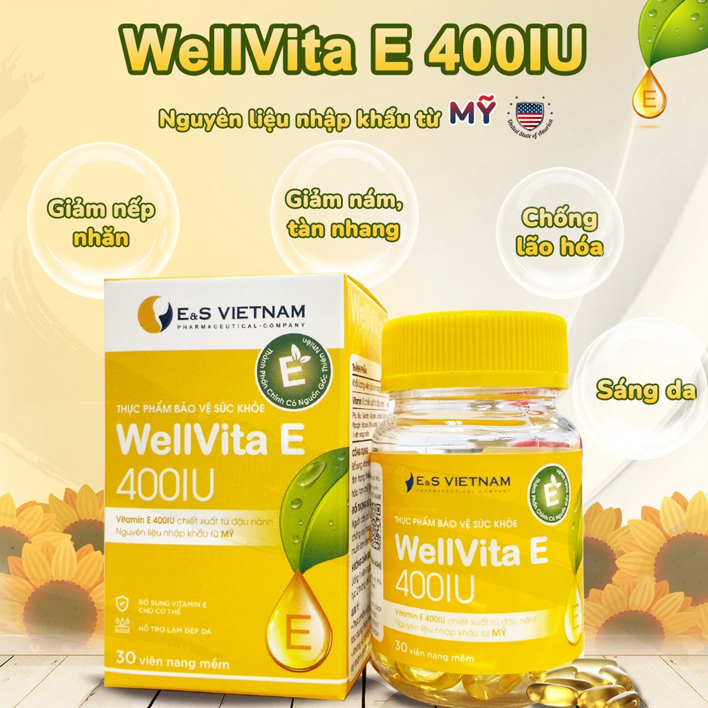 Viên Uống Wellvita E 400IU E&S vietnam - Bổ Sung Vitamin E Làm Đẹp Da, Giảm Nám Tàn Nhang, Chống Lão Hóa - Lọ 30 viên